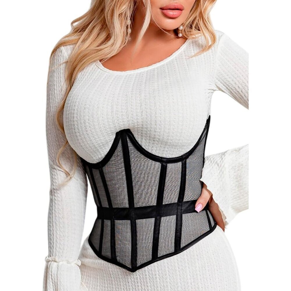 Women Black Unique Underbust Corset Lace Up Waist Trainer  Shapewear Body Shaper